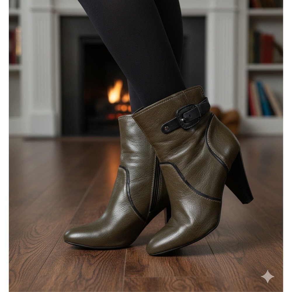 Caressa Brown Leather Ankle Boots‎ 8.5M Cone Heel Zip Buckle Strap Booties